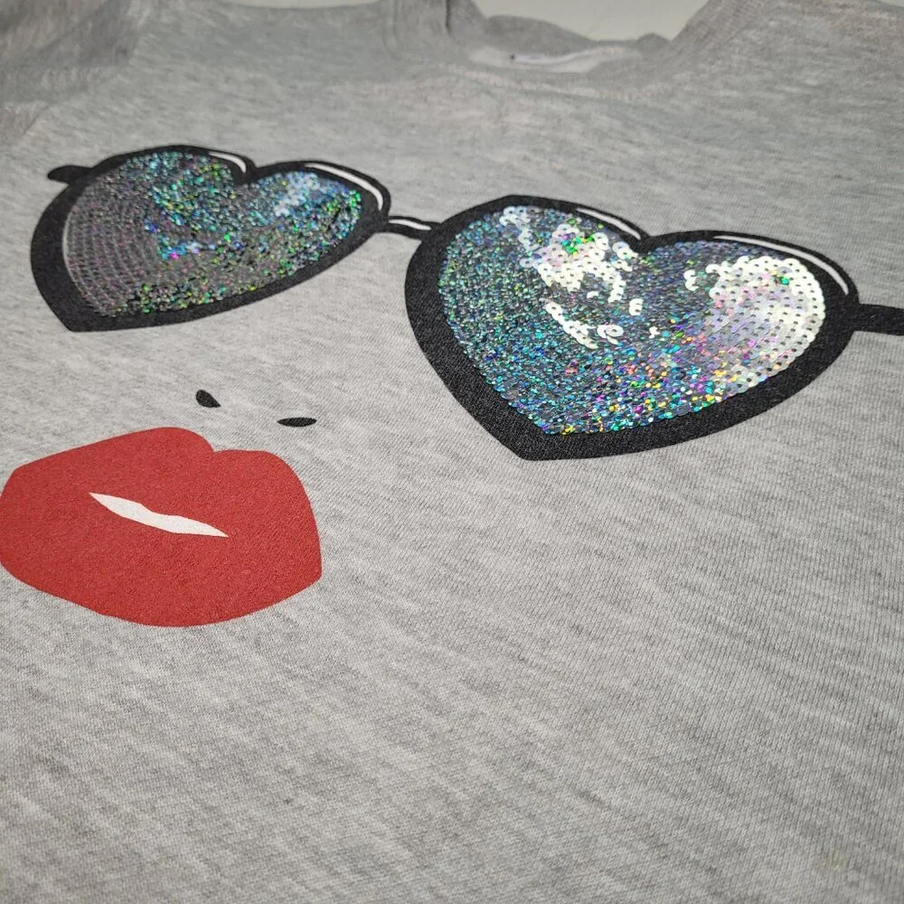 Cropped Sweatshirt Gray Sequin Heart Glasses Lips Sparkle Y2K Athleisure